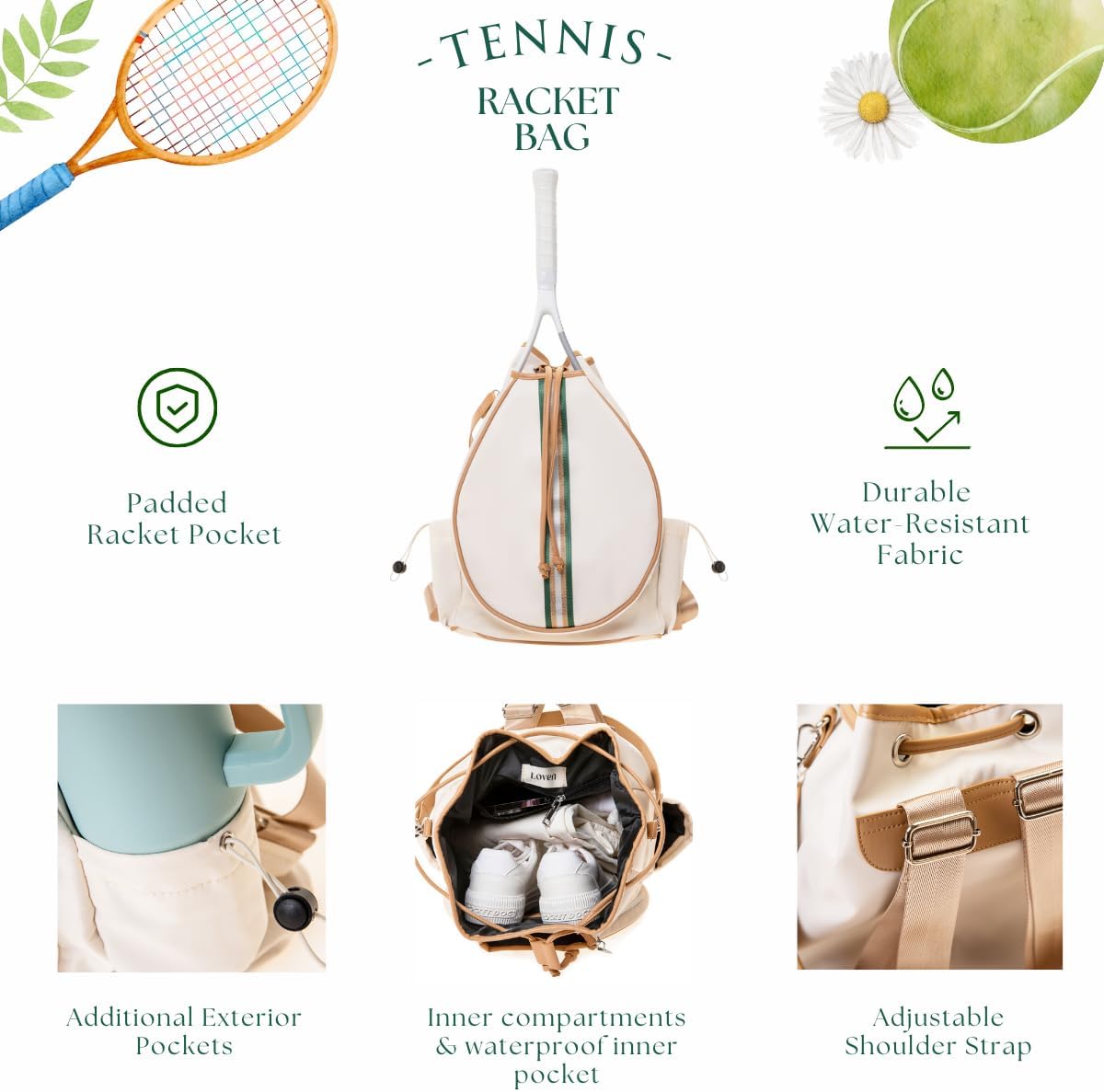 Tennis Bag Tennis Backpack for Women - Racket Pouch Case Pickleball, Badminton, Squash Sports Racquet Convertible Shoulder Tote Strap Stylish Design, Large Compartment Storage - Image 4